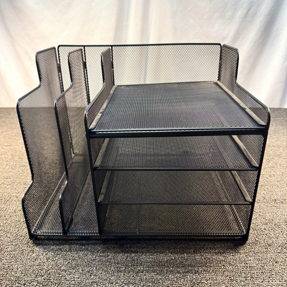 Metal Mesh Desktop Organizer w/ 3-Tier Letter Trays & Side File Holders